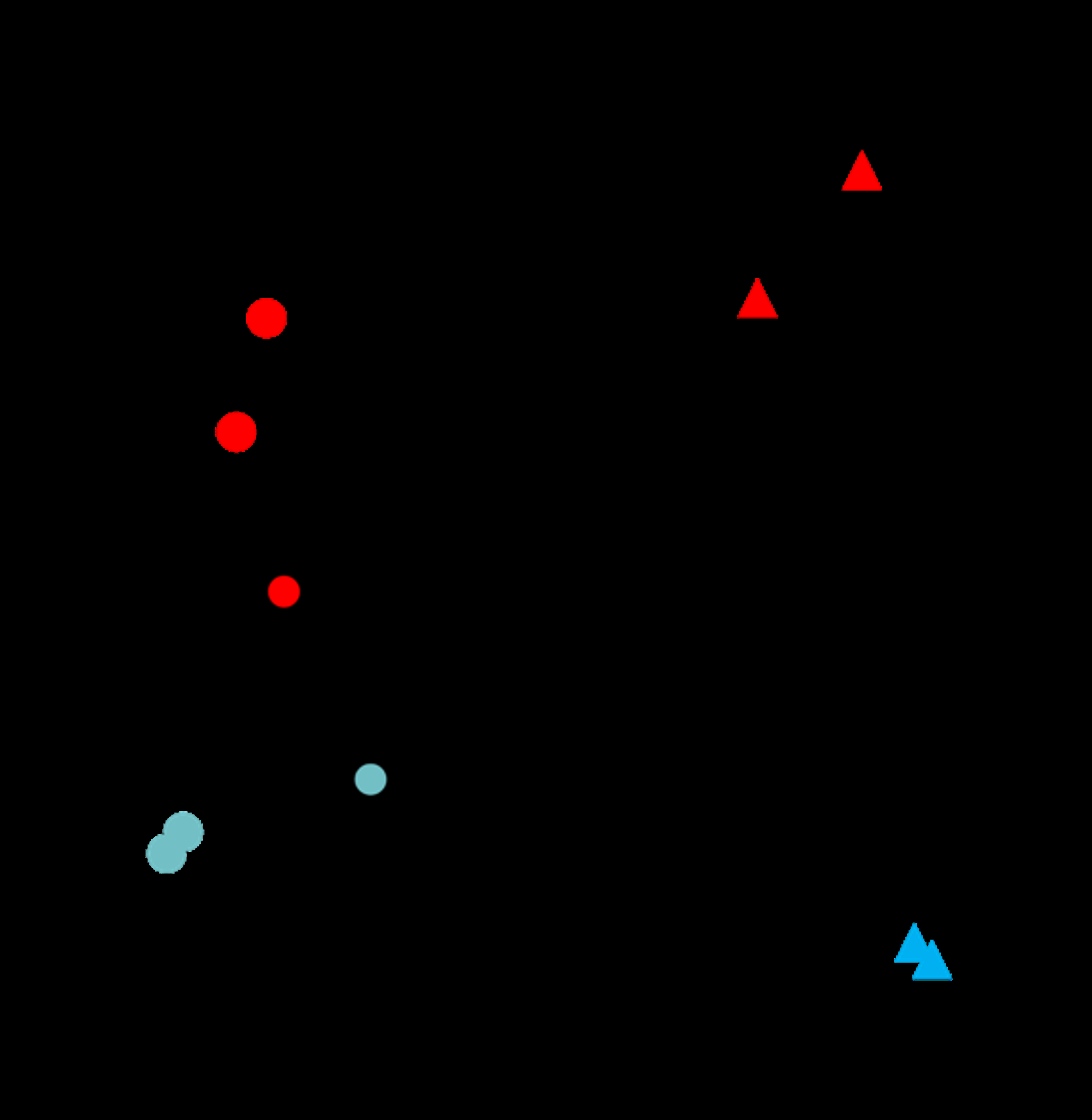Figure 2: PCA of normalized expression data: E16.5 and E18.5 placentas (WT and KO). PC1 and PC2 explain [41.70%] and [25.33%] of the variance, respectively. PC1 separates E16.5 vs E18.5, PC2 separates WT vs KO. Points are labeled by age, sex, genotype, and replicate. Color = genotype (WT = blue, KO = red); Shape = age (E16.5 = circles, E18.5 = triangles); Black outline = female. Note there is only one female replicate per genotype and are shown for descriptive purposes only. No statistical or comparative conclusions were drawn due to the lack of biological replication.
