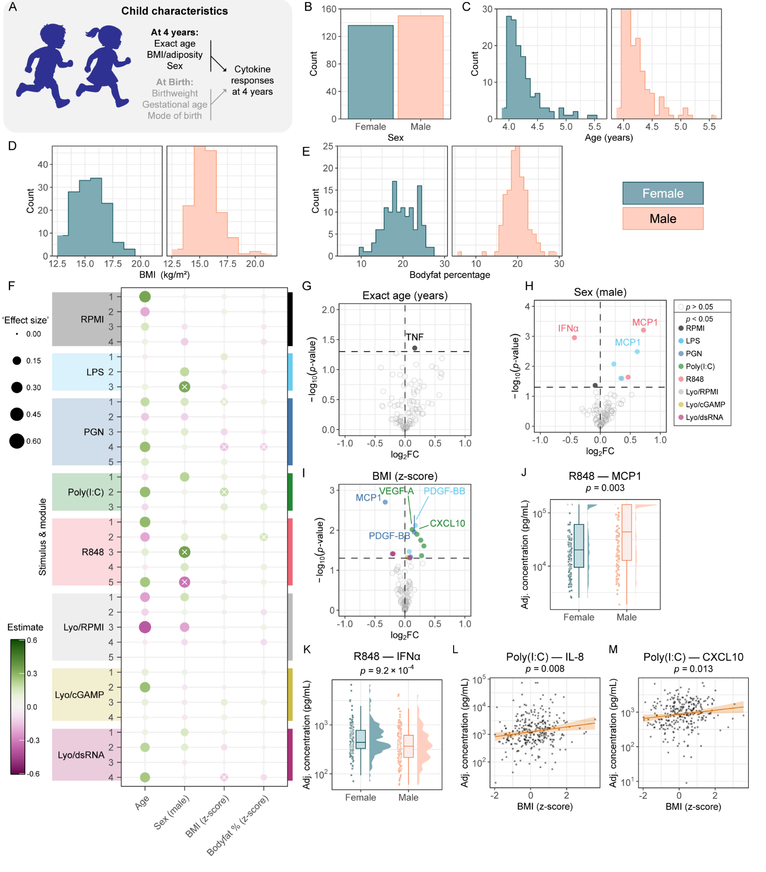 Figure 6: Associations between markers of systemic inflammation and cytokine responses. (A) Schematic overview of the performed analyses. (B) Distribution of GlycA and hsCRP concentrations plotted against each other. © Distribution of the granulocyte-to-lymphocyte ratio. (D) Relative proportion of major leukocyte types, ordered by granulocyte percentage. (E) Dotplot summarising regression results between each variable of interest and cytokine module expression score. In each dot ‘*’ indicates FDR-adjusted p < 0.05. ‘Effect size’ was calculated as absolute value of the regression estimate. (F) Comparative plot indicating the average fold change in cytokine levels when GlycA or hsCRP is increased by 1 SD. The points are coloured by the indicated nominal p-value significance categories. (G) Comparative plot indicating the difference change in cytokine levels when GlycA or GLR is increased by 1 SD. The points are coloured by the indicated nominal p-value significance categories. For panels F-G, points in the white areas are concordant between measures; points in the grey areas are discordant. (H) Volcano plot indicating the change in cytokine levels with an increase of 1 SD in GlycA. (I) Volcano plot indicating the change in cytokine levels with an increase of 1 in GLR. In this figure, ‘covariate adjusted’ includes time in freezer, exact incubation time, and sex, age, and BMI. The p-values in panels F-G are unadjusted. Boxplots are in the style of Tukey. GLR, granulocyte-to-lymphocyte ratio.